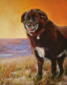 pastel painting of dog at beach sunset