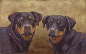 pastel painting of two rottweilers