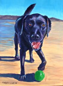 Acrylic painting of happy black labrador at the beach on 11" x 14" canvas.