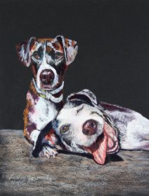 pastel painting of two dogs on black paper