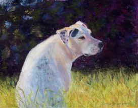 pastel painting of dog in garden